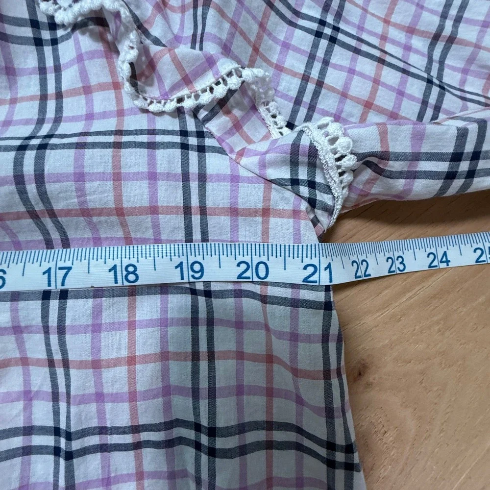 J. Crew Plaid Ruffled Balloon Sleeve Top Womens‎ Medium Pink Purple Crochet Trim
